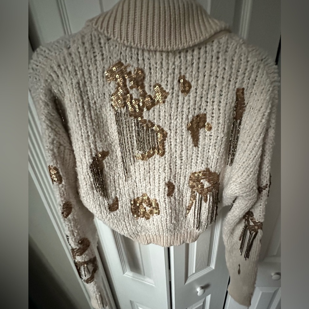 RARE ANTHROPOLOGIE NWT Sequin Cropped Cardigan Sweaterin Neutral-Size XS - Picture 12 of 13